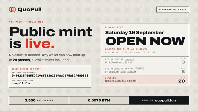 A webpage for 'QuoPull' announces that 'Public mint is live' on Saturday 19 September, with 3,500 art passes available at 0.0075 ETH each, mintable at quopull.fun.