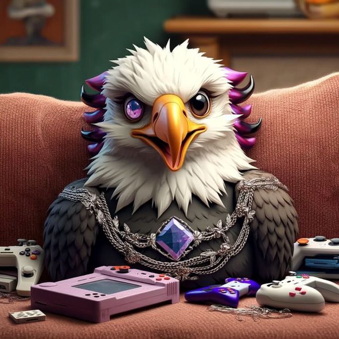 The image features a cartoon eagle sitting on top of a couch with various video game controllers around it. There are three remotes, two Wii controllers, and a GameCube controller placed nearby. A pink game console can also be seen among these gaming accessories. The scene suggests that someone is enjoying their leisure time playing video games while relaxing on the couch.