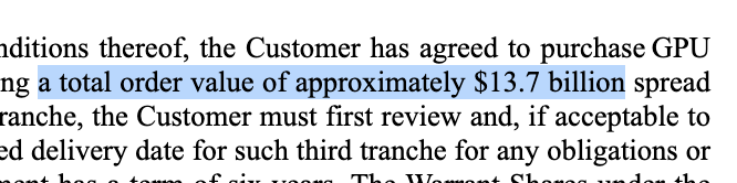 A text excerpt highlights '$13.7 billion' regarding a customer agreement to purchase GPUs across multiple tranches.