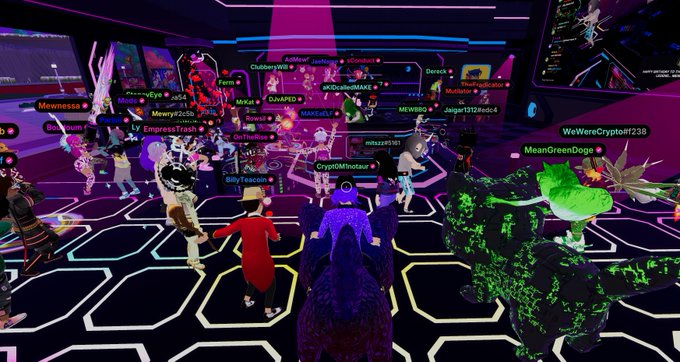 A screenshot from a virtual reality platform showing numerous avatars with usernames like 'Mevnessa', 'Meow22bob', 'Deecek', and 'WeWareCrypto#238' gathered in a neon-lit digital club with a hexagonal floor pattern.