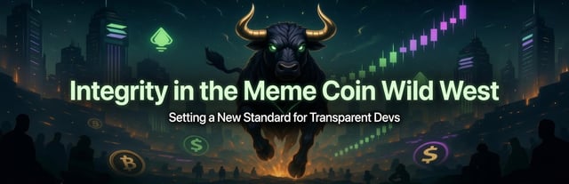 A digital graphic featuring a dark, horned bull-like creature in a futuristic cityscape with cryptocurrency logos, accompanied by the text 'Integrity in the Meme Coin Wild West' and 'Setting a New Standard for Transparent Devs'.