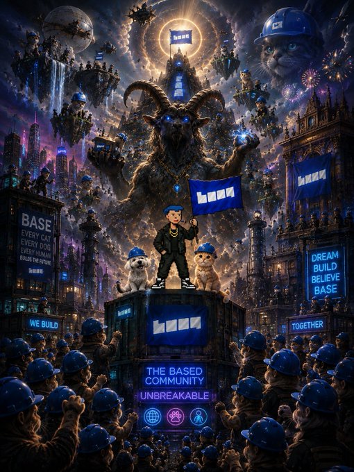 A vibrant, fantastical illustration featuring a goat-like creature wearing a hard hat, a cartoon figure with two dogs, and a crowd of people in hard hats, with text banners reading 'BASE', 'DREAM BUILD BELIEVE BASE', 'WE BUILD', 'TOGETHER', and 'THE BASED COMMUNITY UNBREAKABLE'.