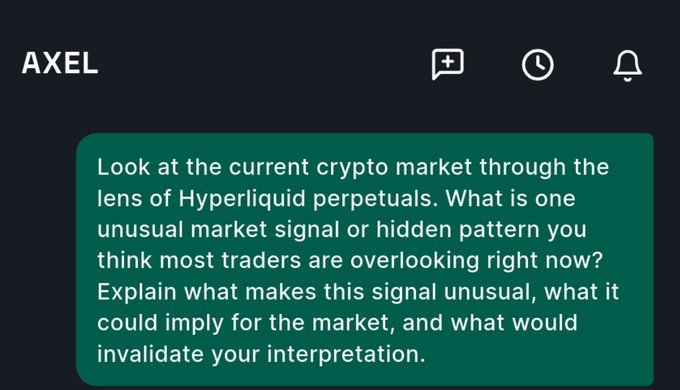 A screenshot of an AI chat interface branded "AXEL" where the user asks about unusual market signals in Hyperliquid perpetuals crypto trading.