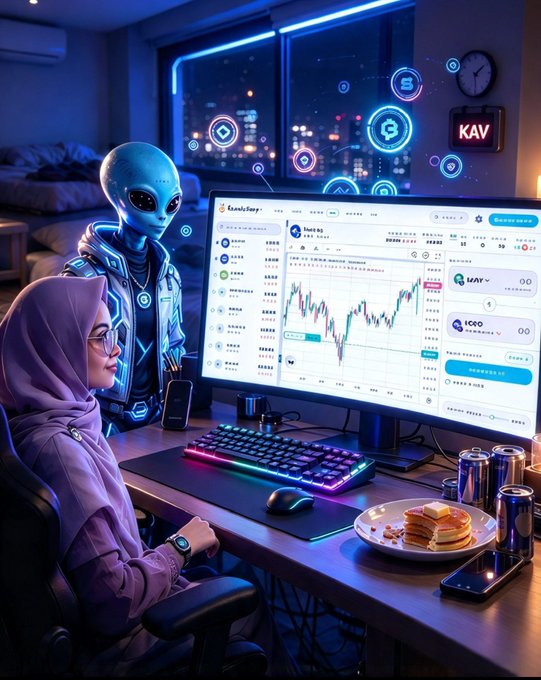 A digital illustration depicts a person in a purple hoodie sitting at a gaming-style desk with RGB lighting, accompanied by an alien figure, both looking at a financial trading chart on a monitor.