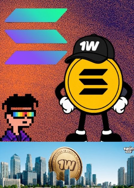A graphic featuring a gold coin character wearing a black '1W' cap next to a Solana logo, with a pixelated character and a city skyline with a 'Listed in Coinbase' seal at the bottom.