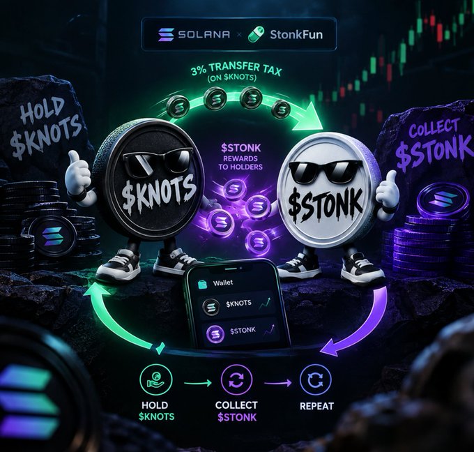 A promotional graphic for Solana x StonkFun showing two coin mascots labeled $KNOTS and $STONK with sunglasses, illustrating a 3% transfer tax, holdings to rewards cycle, with text 'HOLD $KNOTS' and 'COLLECT $STONK'.