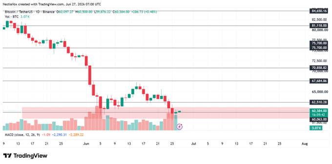 The image is a TradingView daily candlestick chart of **Bitcoin / TetherUS (BTCUSDT) on Binance**, showing Bitcoin's sharp decline from the ~$84,650 level down to consolidating around the **$60,384** mark (+0.48%), with the MACD indicator reading -1,289.22 and volume compressed at 3.07K. The red horizontal box near $60,000 visually highlights the consolidation zone referenced in the caption, where BTC is steadying after sweeping liquidity below $59k.