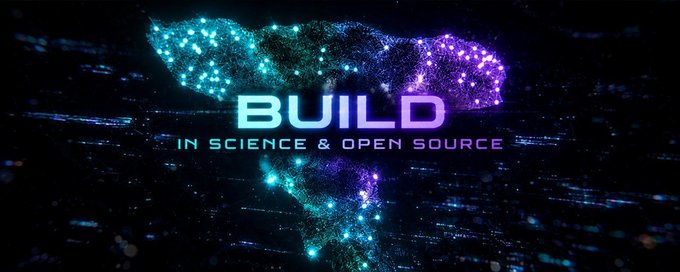 A digital graphic with a glowing map of the United States and the text 'BUILD IN SCIENCE & OPEN SOURCE' in teal and purple.