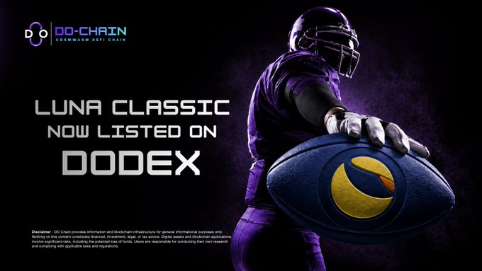 A promotional graphic announces that Luna Classic ($LUNC) is now listed on DODEX, featuring a football player holding a ball emblazoned with the Luna Classic logo, tying into the "MoonWarp DeFi Chain" branding in the top corner and aligning with the post's call to trade, swap, and access LUNC on do-dex.com.