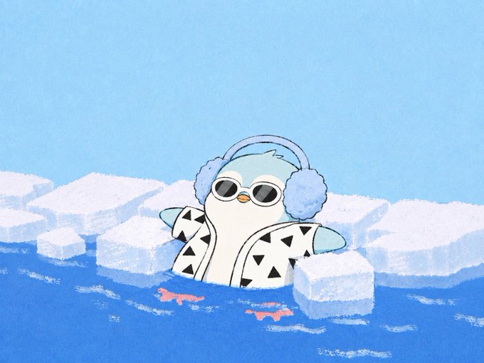 An illustration of a cute penguin wearing fluffy earmuffs and sunglasses, wrapped in a geometric-patterned blanket, floating on ice floes in blue water with small fish swimming below.