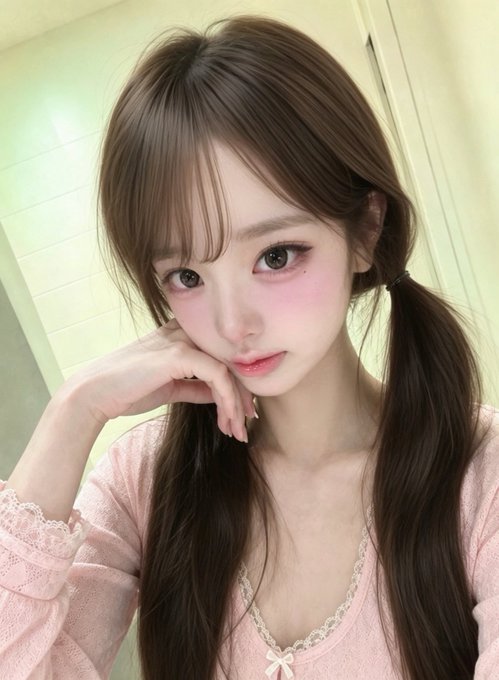A selfie portrait of a young woman with long brown hair styled in pigtails, wearing a pink top with lace trim, posing with her hand near her face against a light green background.