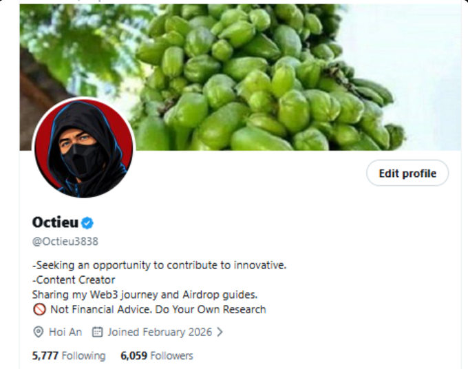 A Twitter/X profile for 'Octieu' (@Octieu838) with the bio 'Seeking an opportunity to contribute to innovative. Content Creator Sharing my Web3 journey and Airdrop guides.'