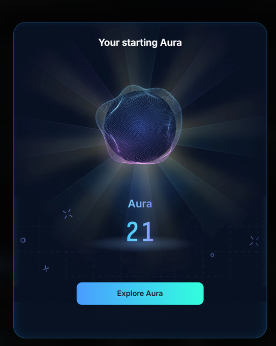 A dark digital interface displaying a 3D glowing orb with the text 'Your starting Aura', 'Aura', and the number '21', above a teal 'Explore Aura' button.