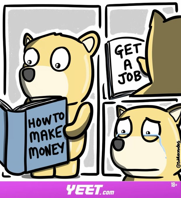 A three-panel comic by @toddmakes shows a cartoon dog reading "HOW TO MAKE MONEY" in the first panel, receiving a paper telling him to "GET A JOB" in the second, and crying in the third panel.

The comic humorously relates to the post's market commentary, illustrating the desperation and tears investors might feel when seeking profits through strategies, oil surges, and crypto trades (BTC at 63,750, ETH at 1,850, etc.) only to be reminded that real financial stability might just come from getting a traditional job.