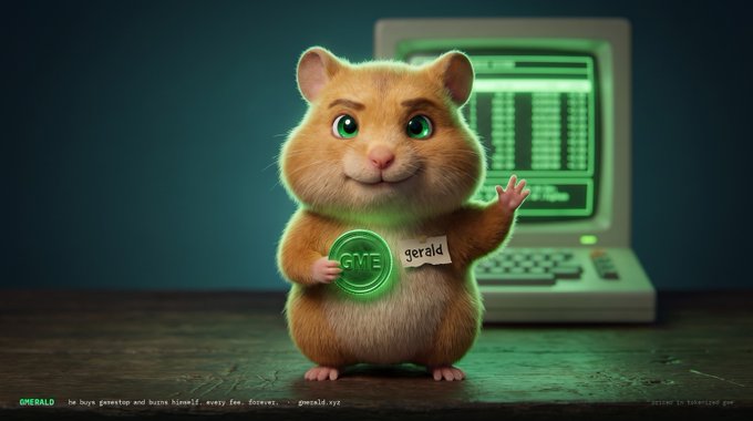 A 3D-rendered golden hamster character holds a green coin labeled 'GMEE' and a name tag reading 'gerald,' standing in front of a retro computer displaying code. Text at the bottom reads 'GMERALD be buys gmerica and burns himself every day. forever.'