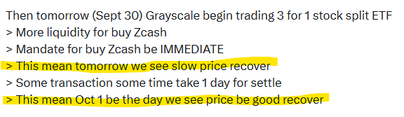 A trading note highlights that Grayscale's 3-for-1 Zcash (ZEC) ETF split begins September 30, with an immediate buy mandate expected to trigger a slow price recovery that day and a larger rally by October 1, supporting the poster's prediction of a big ZEC rally based on mathematical and game theory analysis.