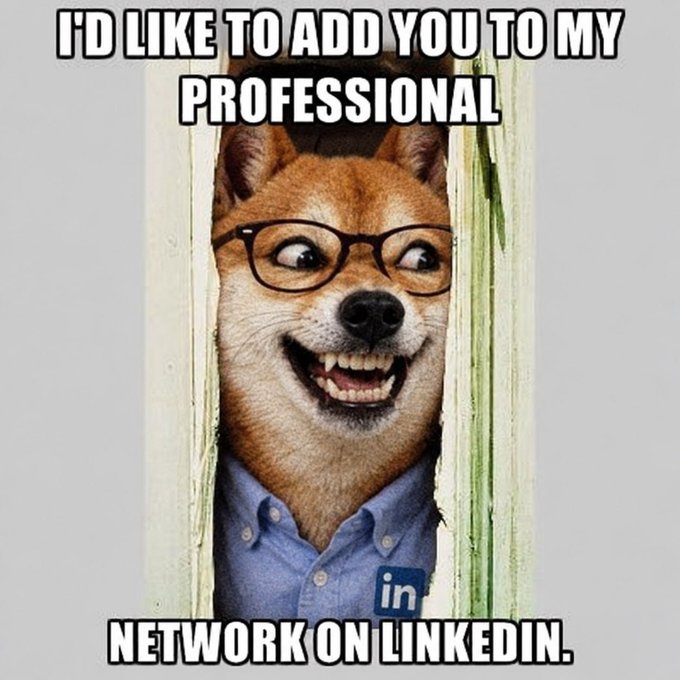 A Shiba Inu dog wearing glasses and a button-up shirt with a LinkedIn logo peeks through a doorway, with the caption "I'D LIKE TO ADD YOU TO MY PROFESSIONAL NETWORK ON LINKEDIN." The meme humorously plays on LinkedIn's overly eager connection requests, matching the post's joke about the dog promoting his professional network.