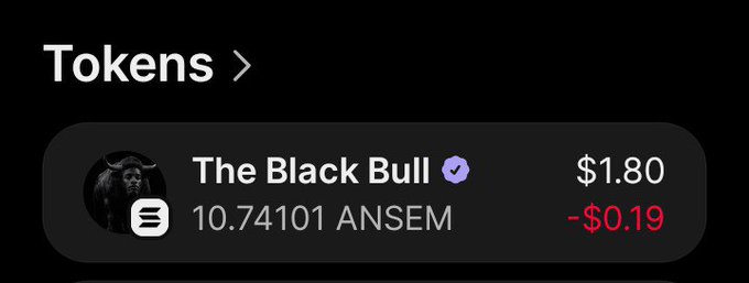The image shows a crypto token wallet view displaying "The Black Bull" token (ANSEM) with a current price of $1.80, down $0.19, and a holding of 10.74101 ANSEM. The interface, labeled "Tokens," illustrates the post's point by showing how this Solana-based SPL token appears in a user's digital wallet for trading and tracking.