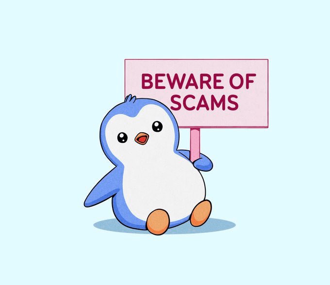 A cartoon illustration shows a cute blue and white penguin sitting on a light blue background, holding a pink sign that reads 'BEWARE OF SCAMS' in dark pink letters.