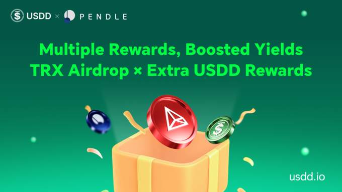 The image features a poster or banner with a yellow box containing three coins, one of which is red and two are green. The text on the poster reads "Multiple rewards, boosted yields TRX Airdrop + USDD Rewards". This suggests that Pendle has created an environment where users can separate their assets into different pools to maximize returns while minimizing risk.
