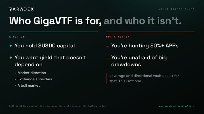 Paradex marketing slide titled 'Who GigaVTF is for, and who it isn't,' listing it as a fit for USDC holders seeking non-directional yield, and not a fit for those seeking 50%+ APRs or willing to accept large drawdowns.