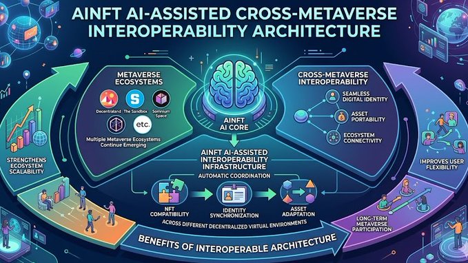 The image features a detailed diagram of an AI-assisted cross-metaverse interoperability architecture. Various components such as AI, cloud computing, cloud ecosystems, and social intelligence are interconnected to enable seamless interoperability across different digital identities, assets, and ecosystems within a multiplayer environment. The poster promotes the importance of interoperability in today's rapidly evolving digital landscape, with the aim of enhancing connectivity and collaboration among various stakeholders.