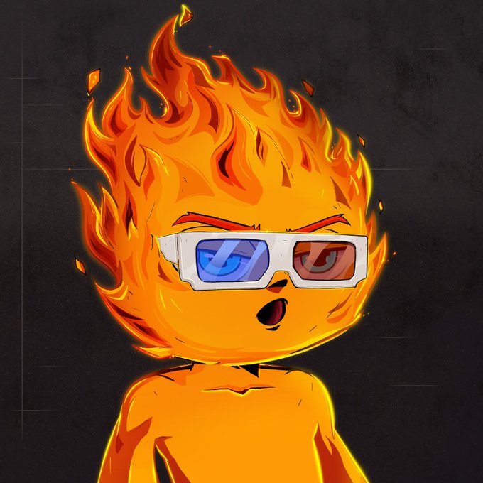 A digital illustration of a small humanoid character made entirely of orange flames wearing 3D glasses with red and blue lenses.