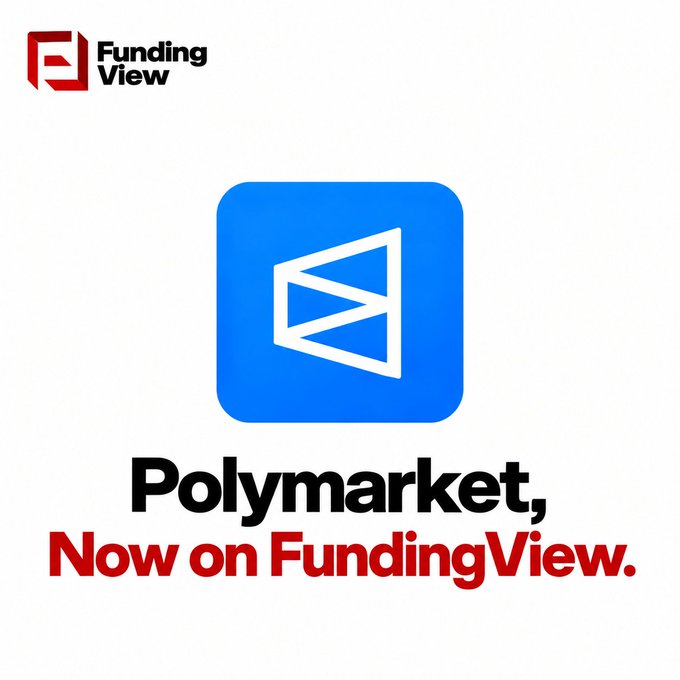 A promotional graphic with the red FundingView logo announcing 'Polymarket, Now on FundingView.' in black and red text beneath a blue app icon.