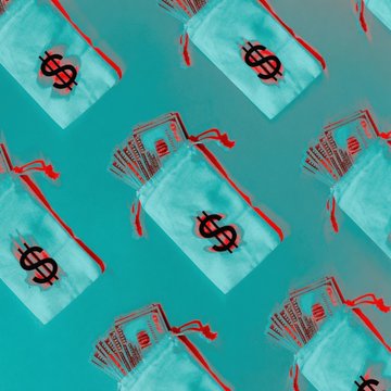 A repeating pattern of teal money bags with red drawstrings and black dollar signs spilling red cash against a solid turquoise background.