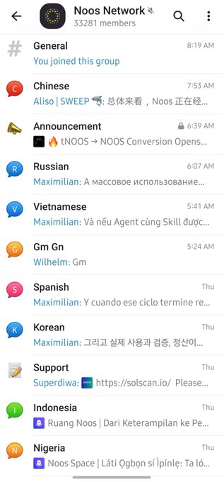 A Telegram group chat for "Noos Network" with 33,281 members, displaying multilingual conversation channels (Chinese, Russian, Vietnamese, Korean, Spanish) and regional sub-groups (Indonesia, Nigeria), alongside General, Announcements, and Support sections—relevant to the #Noos airdrop/MyDex project by showcasing its active multilingual community engagement.