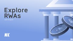A blue-toned graphic with the text 'Explore RWAs' and a small 'K' logo, showing 3D pillars and coins resembling the XRP cryptocurrency.
