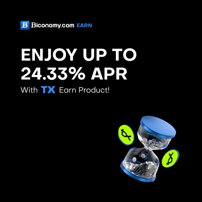 This image promotes Biconomy.com's TX Earn product, highlighting an attractive "up to 24.33% APR" with a stylized hourglass filled with coins and glowing currency icons, visually representing the concept of earning yield.