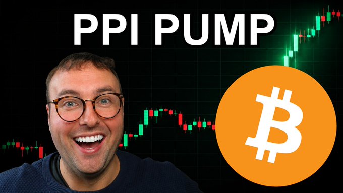 A smiling man with glasses appears in a YouTube-style thumbnail titled 'PPI PUMP' with a Bitcoin logo and a green/red candlestick chart in the background.