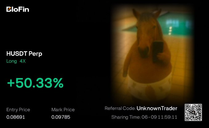 ?"A picture of a horse holding a cell phone", with "HUDT" at the top left, "$Hudt Perp" at the top center, "$Long 4.5%" towards the bottom right corner and $50.33% on the bottom middle area which are part of the image's caption.