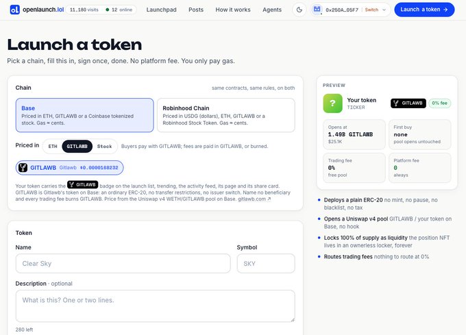 A screenshot of the openlaunch.lol token launch page showing the "Launch a token" interface on the Base chain, with GITLAWB selected as the currency and a preview panel showing a token ("Clear Sky" / SKY) priced at 1.4B GITLAWB with 0% fees, illustrating how users can pair their new token launch with $GITLAWB.
