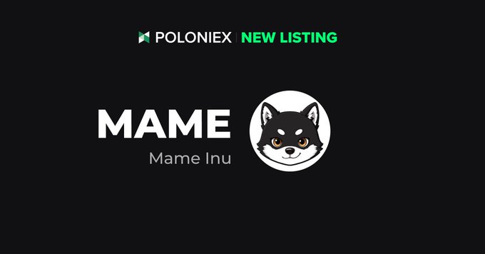 Poloniex announces a new listing for Mame Inu ($MAME), featuring a black and white Shiba Inu logo, with deposits opening on June 26th at 08:30 UTC and full trading enabled at 10:00 UTC.