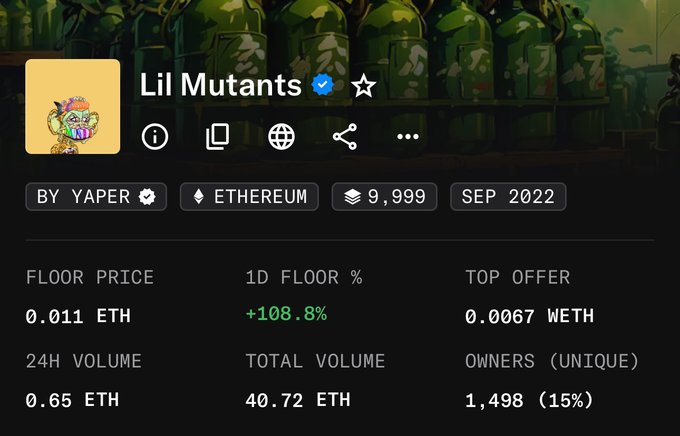 OpenSea listing for the 'Lil Mutants' NFT collection by Yaper on Ethereum, showing 9,999 items, a floor price of 0.011 ETH, and 24H volume of 0.65 ETH.