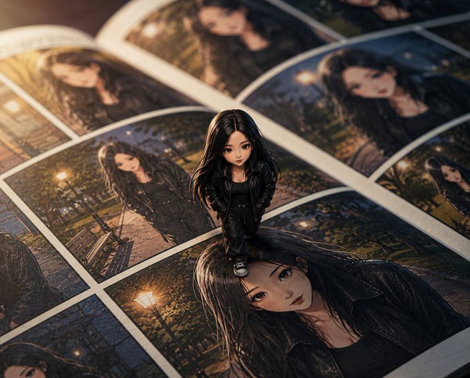 A small 3D-rendered anime-style figure of a dark-haired girl in a leather jacket stands atop a grid of printed photographs depicting her larger anime-style portrait.