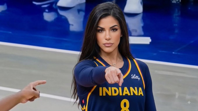 A digitally edited image showing a woman with long dark hair pointing forward while wearing an Indiana basketball jersey with the number 8 and the name 'Lily', set on a basketball court.