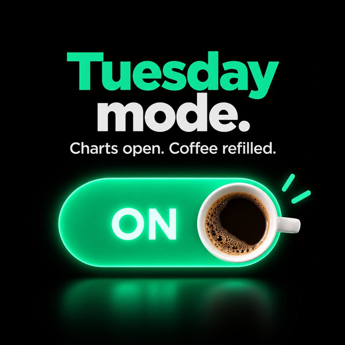 A sleek black-background graphic displays "Tuesday mode." in bold green and white text, followed by the tagline "Charts open. Coffee refilled." beneath it, while a glowing green toggle switch set to "ON" sits beside a top-down view of a fresh cup of black coffee—visually capturing the post's "Tuesday morning, coffee working, portfolio loading" sentiment by personifying a trader's energized, ready-to-go start to the trading week.