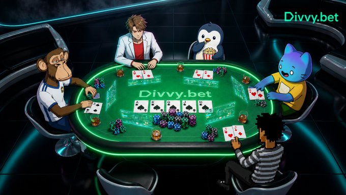 An anime-style illustration depicts five characters—including a monkey, a man in a white jacket, a penguin with popcorn, a blue cat, and a striped-shirt figure—seated around a glowing green poker table branded "Divvy.bet," with community cards and chip stacks visible. The image promotes the Divvy.bet on-chain poker tournament offering a $100 USDC prize pool, scheduled for Sunday at 3 PM EST.