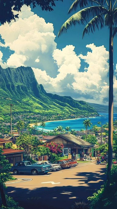 A vibrant illustration of a tropical coastal town featuring green mountains, palm trees, a beach, and vintage cars parked along a road under a cloudy blue sky.