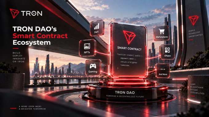 Promotional graphic for "TRON DAO's Smart Contract Ecosystem" featuring a futuristic red-lit cityscape, showcasing interconnected cubes labeled "NFTs," "DeFi," "Gaming," "dApps," and "Marketplace" powered by "TRON DAO."