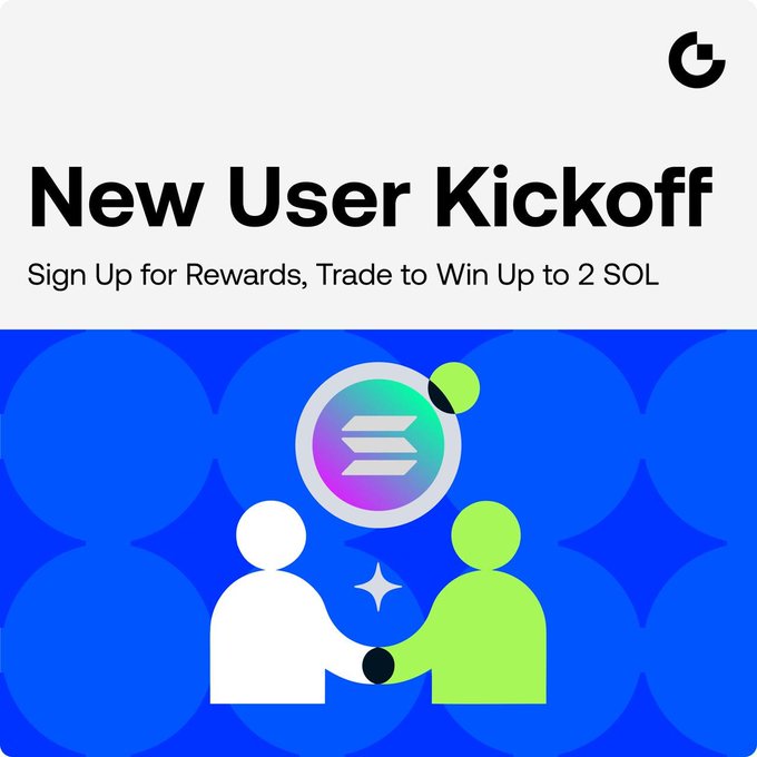 A promotional graphic for a 'New User Kickoff' event, instructing users to 'Sign Up for Rewards, Trade to Win Up to 2 SOL,' featuring an illustration of two figures shaking hands with a Solana logo above them.