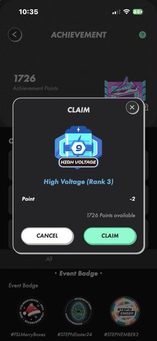A mobile app screenshot showing an achievement claim screen for 'High Voltage (Rank 3)' badge with 1726 achievement points available.