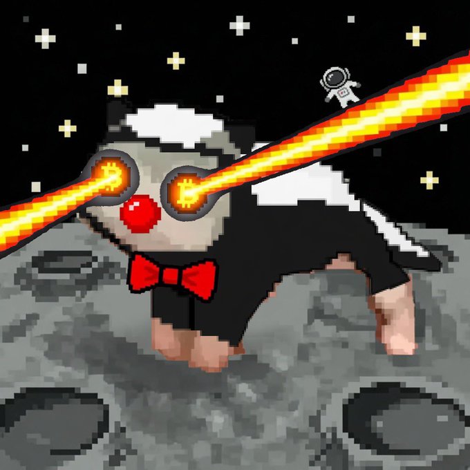 Pixel art illustration of a dog wearing a suit and red bowtie standing on a cratered lunar surface, with fiery laser beams shooting from its eyes and a small astronaut floating in the starry space background.