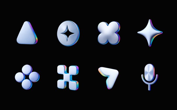 A collection of eight glossy, 3D-rendered icons in silver and iridescent colors, including a triangle, circle with star, cross, spark, flower, hashtag, arrow, and microphone.