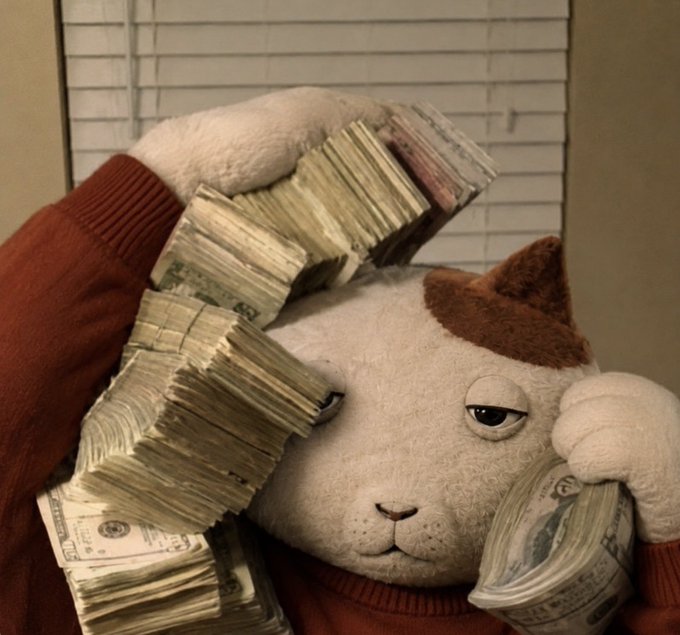 A plush cat toy in a red sweater holding and surrounded by large stacks of US dollar bills, set against window blinds.