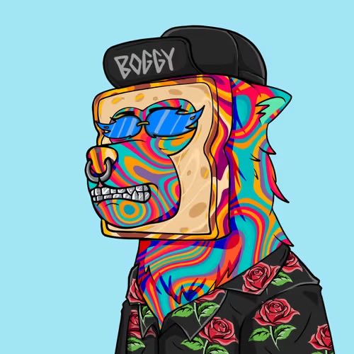 A colorful cartoon illustration of an anthropomorphic piece of toast wearing sunglasses, a nose ring, a black 'BOBBY' cap, and a floral shirt against a light blue background.