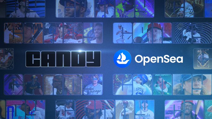 A promotional graphic featuring the "CANDY" logo and "OpenSea" logo displayed prominently against a background collage of various baseball player trading cards. The image appears to celebrate Candy Digital's integration or partnership with the OpenSea NFT marketplace, showcasing digital collectibles.